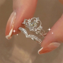 Fashion Bling-bling Rhinestone Crown Two-piece Ring Set