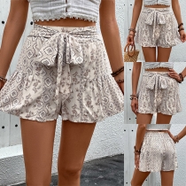 Fashion Floral Printed Self-tie Bowknot Shorts