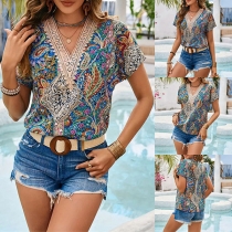 Bohemia Style Floral Printed Lace Spliced V-Neck Short Sleeve Shirt