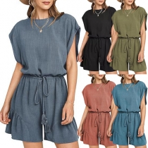 Casual Crew Neck Sleeveless Drawstring Elastic Romper