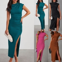 Fashion Draped Crew Neck Sleeveless Ruched Side Slit Bodycon Dress