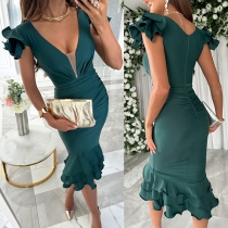 Sexy V-neck Ruffled Cap Sleeve Ruched Ruffled Hemline Bodycon Dress