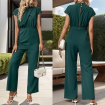 Fashion Solid Color Crew Neck Cap Sleeve Ruched Straight-cut Jumpsuit