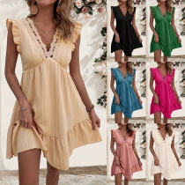 Fashion Lace Spliced V-neck Ruffle Sleeveless Mini Dress