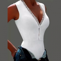 Sexy Hollow Out Lace Spliced V-neck Sleeveless Bodysuit