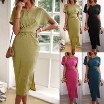 Fashion Texture Crew Neck Short Sleeve Front Cross Ruched Side Slit Bodycon Dress