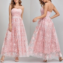 Elegant Floral Embroidery Strapless High-rise Gauze Spliced Pink Party Dress