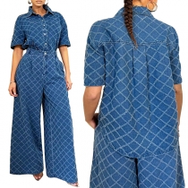 Casual Plaid Old-washed Denim Two-piece Set Consist of Short Sleeve Shirt and Wide-leg Pants
