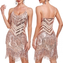 Fashion Bling-bling Square Neck Backless Tassel Party Dress