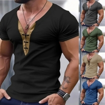 Fashion Contrast Color Spliced V-neck Short Sleeve Shirt for Men