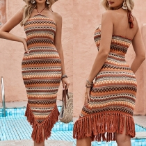Bohemia Style Wave Printed Halterneck Backless Tassel Hemline Bodycon Dress