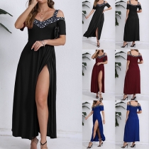 Sexy Printed V-neck Open-shoulder Side Slit Midi Dress