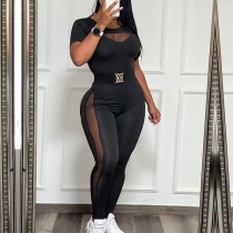 Fashion Crew Neck Short Sleeve Gauze Spliced Slim-fit Jumpsuit