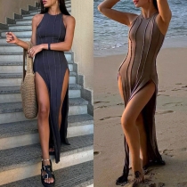 Sexy Vertical Stripe Crew Neck Sleeveless High Slit Beach Dress