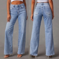 Fashion Elastic Old-washed Denim Straight-cut Jeans