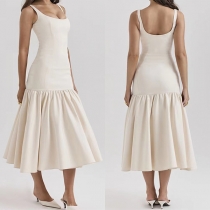 Fashion Low-cut Square Neck Backless Pleated Hemline Midi Dress