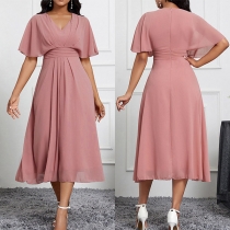 Fashion V-neck Batwing Sleeve High-rise Chiffon Dress