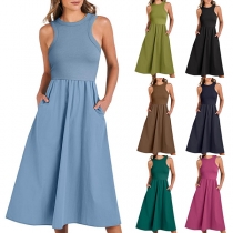 Fashion Crew Neck Sleeveless Side Pockets Ribbed Spliced A-line Dress