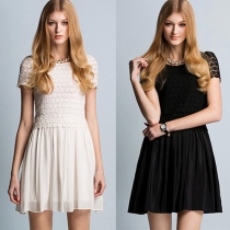 Cute Spliced Short Sleeve Round Neck Tie-Bulb Fit and Flare Dress