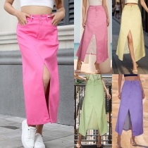 Fashion High-rise Front Slit Candy Color Denim Skirt