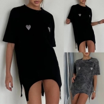 Casual Crew Neck Short Sleeve Rhinestone Heart Pattern Irregular Hemline Shirt