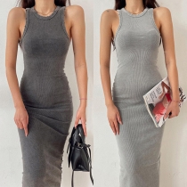 Casual Solid Color Crew Neck Sleeveless Ribbed Tank Dress