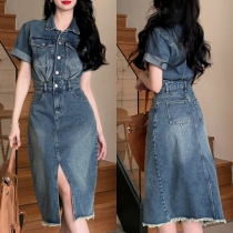 Vintage Stand Collar Short Sleeve Front Slit Frayed Hemline Old-washed Denim Dress