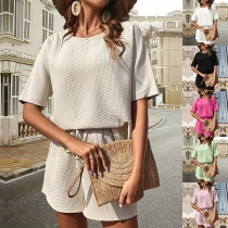 Casual Solid Color Two-piece Set Consist of Crew Neck and Drawstring Shorts