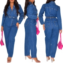 Fashion Notch Lapel Long Sleeve Cinch Waist Old-washed Denim Jumpsuit