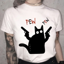 Cute Cat Printed Shirt with Crew Neck and Short Sleeve