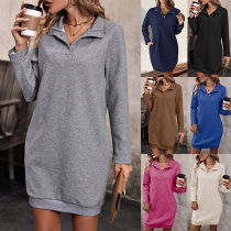 Fashion Solid Color Button V-neck Long Sleeve Sweatshirt Dress
