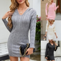 Fashion Solid Color V-neck Long Sleeve Hoodie Cable Sweater Dress