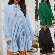 Fashion Solid Color Self-tie Crew Neck Long Sleeve Pleated Mini Dress