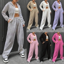 Fashion Solid Color Two-piece Sport Set Consist of Hooded Jacket and Drawstring Sweatpants