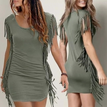 Fashion Solid Color Round Neck Sleeveless Tassel Bodycon Dress