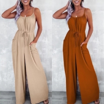 Sexy Solid Color Square Neck Sleeveless Patch Pockets Cross-criss Backless Wide-leg Jumpsuit