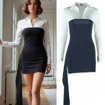 Sexy Spliced 3/4 Sleeve Deep V-Neck Contrast Color Sheath Dress