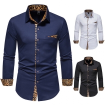 Fashion Leopard Printed Spliced Stand Collar Long Sleeve Blouse for Men