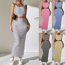 Sexy Stripe Printed Two-piece Set Consist of Crop Tank Top and Slim-fit Skirt