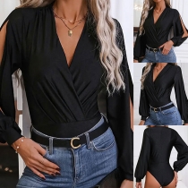 Fashion Solid Color V-neck Long Sleeve Slit Bodysuit