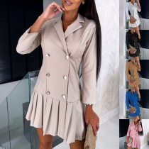 Elegant Double-breasted Long Sleeve Notch Lapel Pleated Hemline Suit Dress