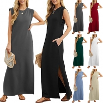 Fashion Solid Color Crew Neck Sleeveless Side Slit Maxi Dress