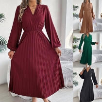 Fashion Solid Color V-neck Long Sleeve Pleated Dress