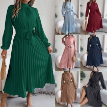 Fashion Solid Color Mock Neck Long Sleeve Self-tie Waist Pleated Dress