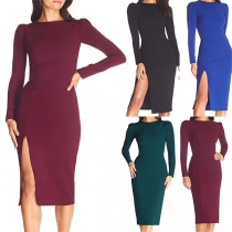 Elegant Solid Color Crew Neck Long Sleeve Side Slit Bodycon Dress