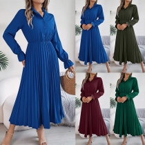 Fashion Solid Color Stand Collar Long Sleeve Pleated Dress