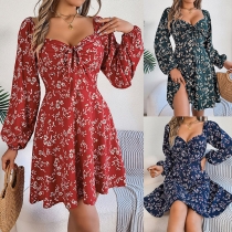 Fashion Floral Printed Self-tie Sweetheart Neckline Long Sleeve Mini Dress