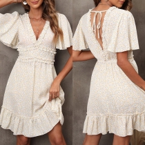 Fashion Floral Printed Ruffle V-neck Short Sleeve Mini Dress