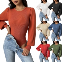Fashion Solid Color Crew Neck Long Sleeve Ribbed Bodysuit