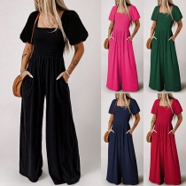 Fashion Square Neck Short Sleeve Smocked Bodice Straight-cut Jumpsuit